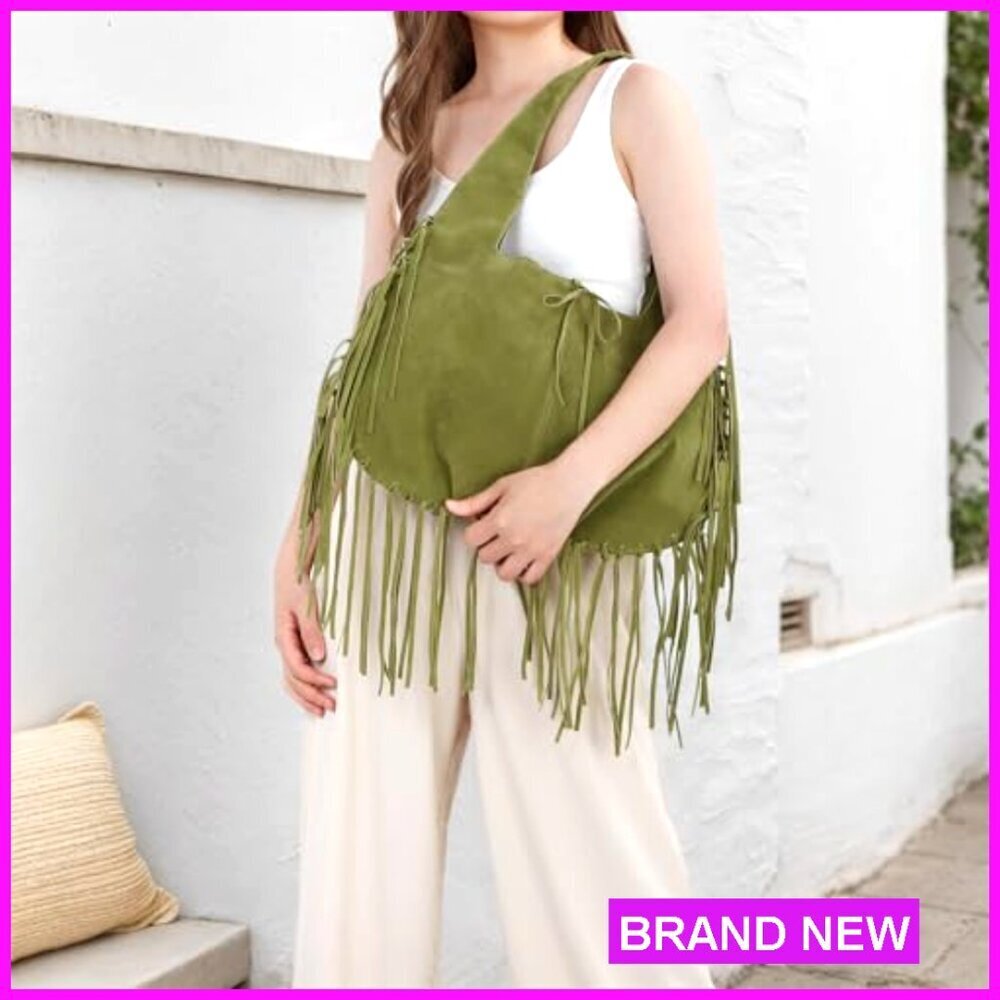 Vegan Faux Suede Hobo Bag with Fringe Tassel Shoulder Purse - Picture 3 of 7